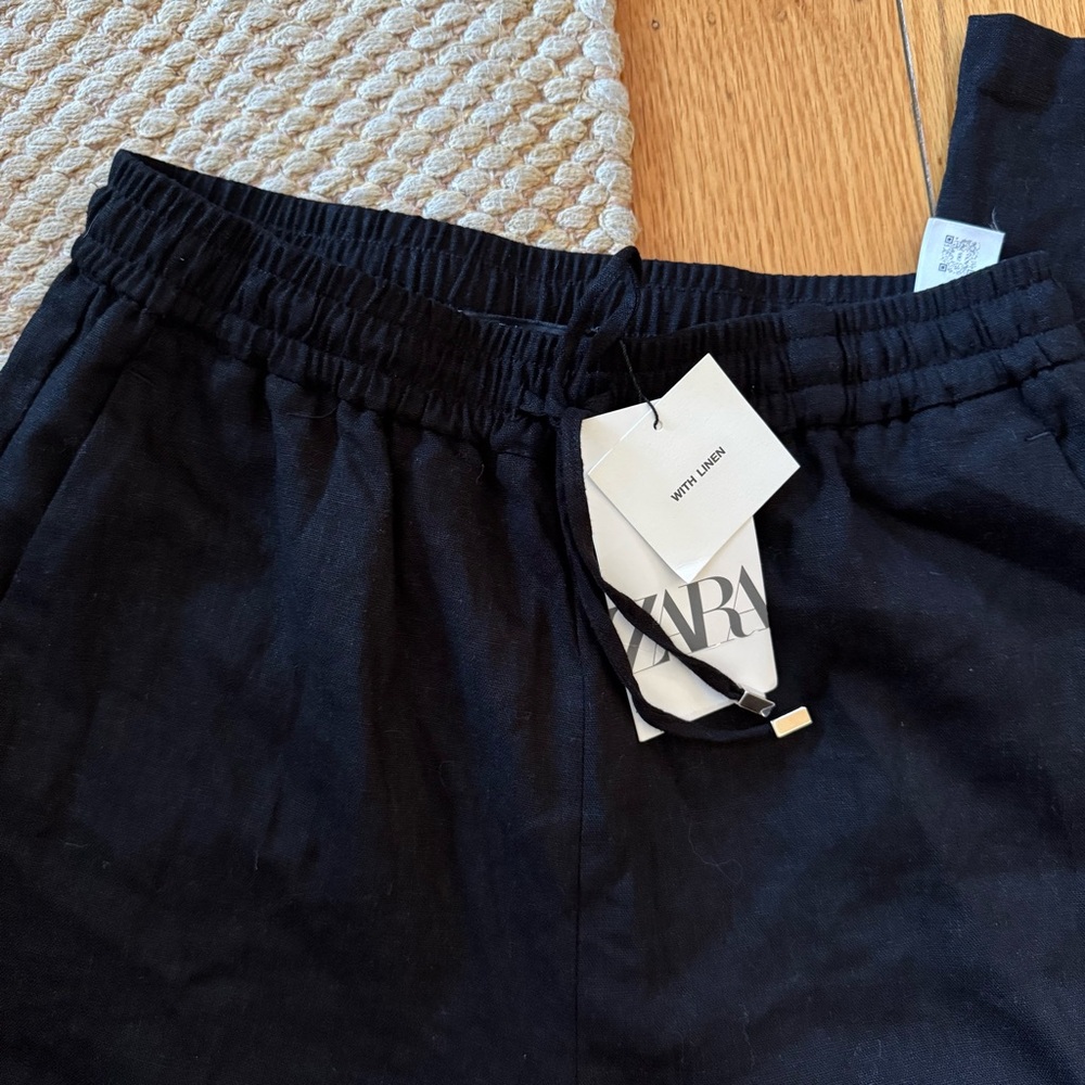 NWT Zara Black Wide-Leg Linen Pants Trousers with Elastic Waist - Picture 4 of 8